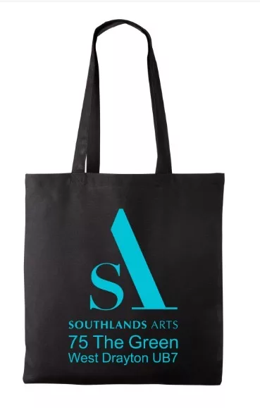 Black tote bag with Southlands Arts Logo