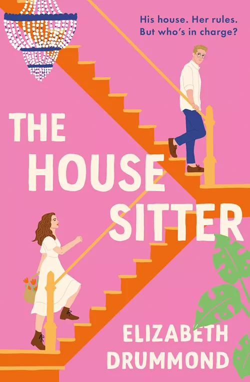 The House Sitter by Elizabeth Drummond. Pink cover with a stair case. A man coming down the stairs and a woman going up.
