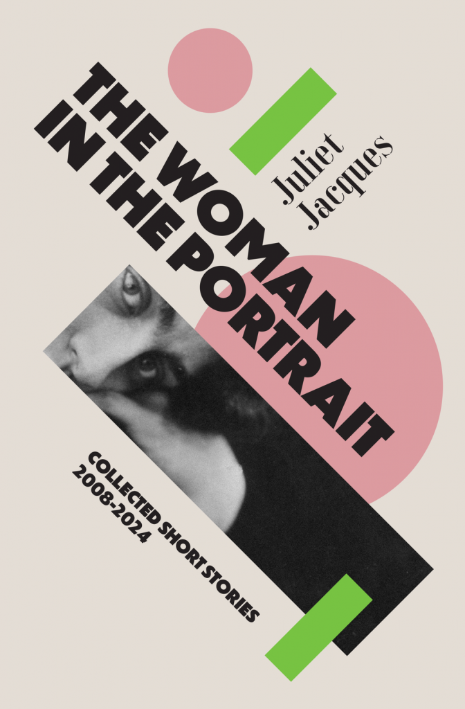 The Woman in the Portrait front cover. Geometrix shapes in white and green on white background and black and white image of half a face.